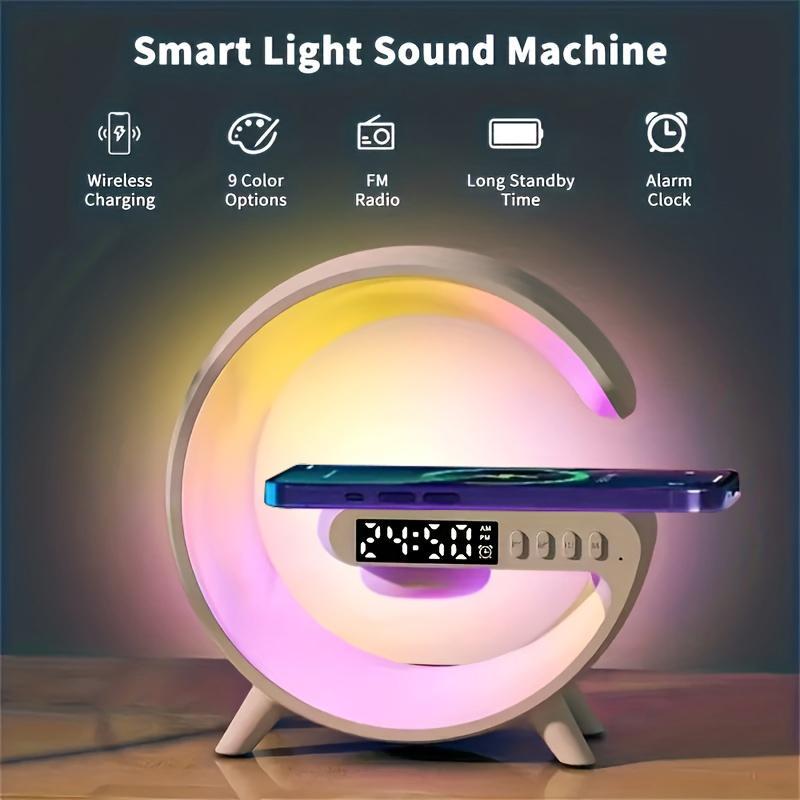 Wireless Speaker with RGB Night Light & Alarm Clock, Multifunctional Wireless Speaker, Sound System, 5W Wireless Charger Station for iPhone Samsung Xiaomi Huawei, Bluetooth-compatible Speaker