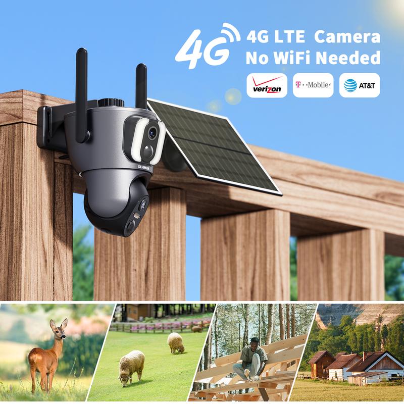 Black Dual Lens Linkage Solar Powered 4G LTE Cellular Security Camera, Not Support WIFI, 2K 360° View,Color Night Vision,Two-Way Audio,Card Connection