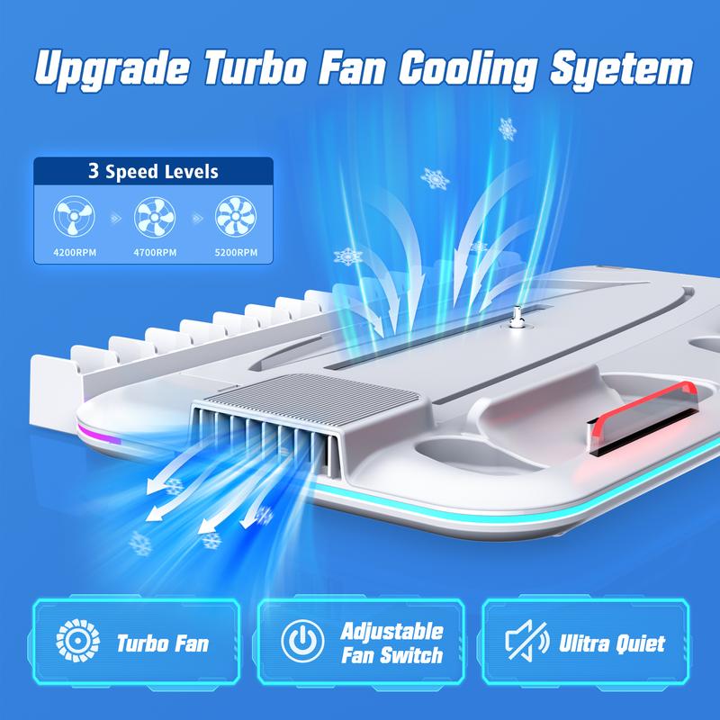 Wiilkac PS5 Charging Station and Cooling Stand with Controller Charger for PS5 Slim Console Disc Digital, PS5 Accessories, 3 Levels Cooling Fan, RGB Light, 15 Game Storage, Headset Holder for Playsation 5
