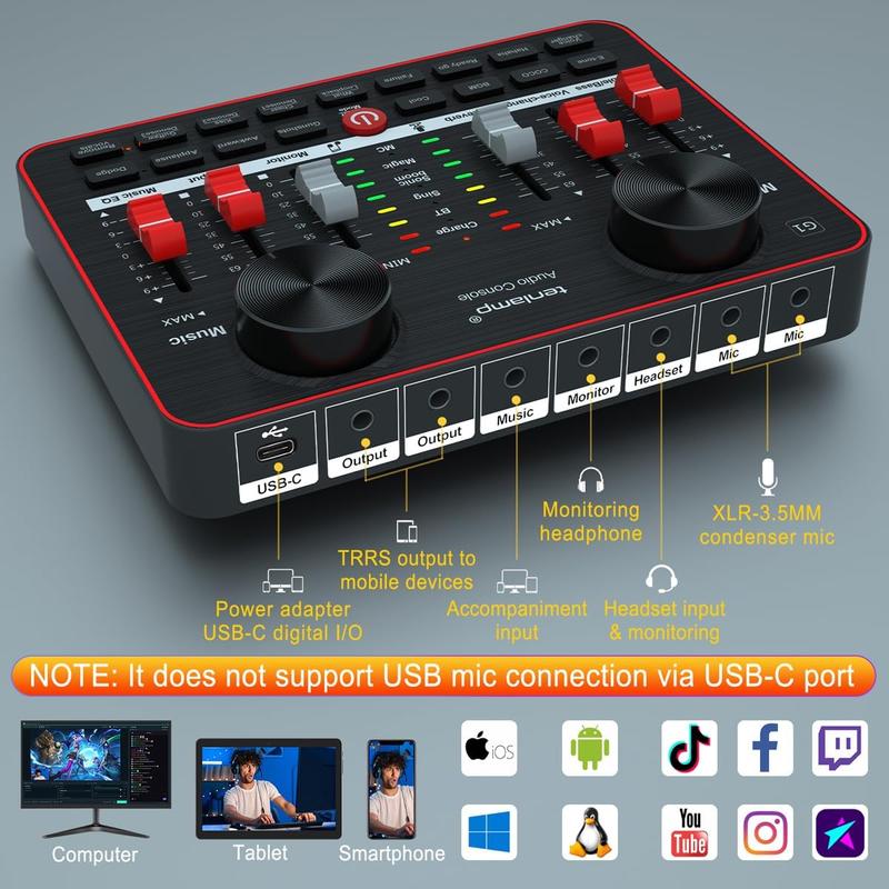 Audio Mixer with interface, tenlamp 3.5mm Studio Microphone and G1 Live Sound Card, All in one Podcast Equipment Bundle for Recording Singing Gaming Live Streaming