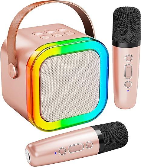 Karaoke Machine,Portable Bluetooth Mini Karaoke Microphone Singing Speaker with 2 Wireless Mic and Light,Toys for All Smartphones,Birthday,Party,Gifts