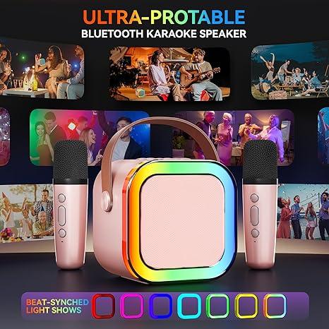 Karaoke Machine,Portable Bluetooth Mini Karaoke Microphone Singing Speaker with 2 Wireless Mic and Light,Toys for All Smartphones,Birthday,Party,Gifts