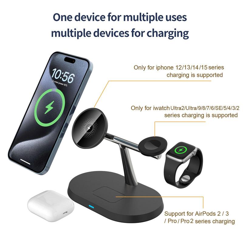 PDKUAI 3 in 1 15W Magnetic Wireless Charger Stand, Multifunctional Fast Charging Station for iPhone 16 15 14 13  12 Pro Max Plus Apple Watch 10 9 8 SE 7 6 5 4 3 2 AirPods Pro 2  3 4