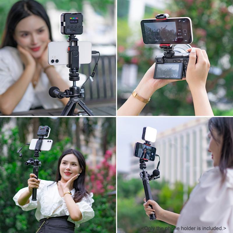 Multi-functional Phone Holder Clamp Phone Tripod Mount 360° Rotatable with Dual Cold Shoe Mounts for Smartphone Vlog Selfie Live Streaming Video Recording