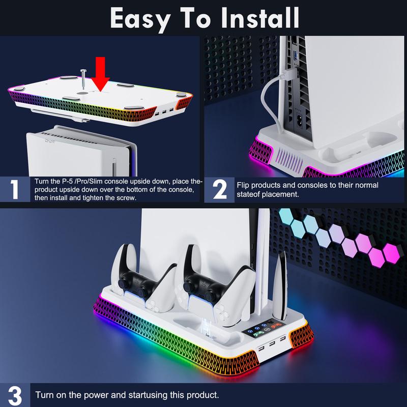 RGB PS5 Cooling Station for PS5 PS5 Slim PS5 Pro Disc Digital Console, Cooling Stand with 3 Levels Turbo Fan&10 RGB Lighting Modes&Controller Chargers&3 USB Hubs