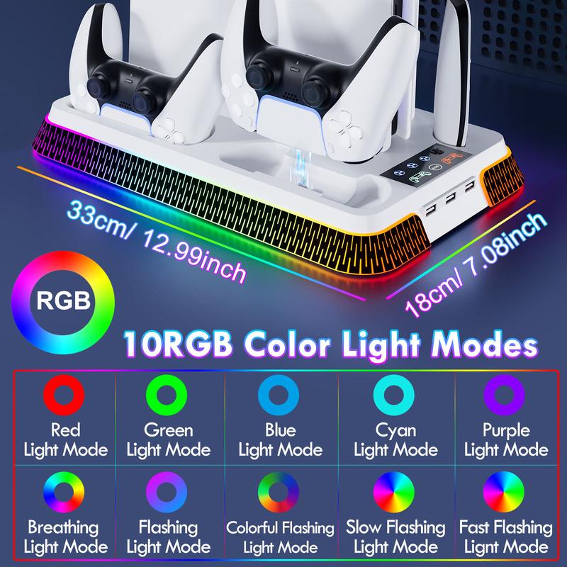 RGB PS5 Cooling Station for PS5 PS5 Slim PS5 Pro Disc Digital Console, Cooling Stand with 3 Levels Turbo Fan&10 RGB Lighting Modes&Controller Chargers&3 USB Hubs