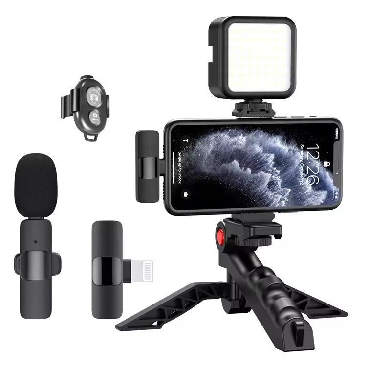 Portable Wireless Microphone & Tripod & Phone Clip & LED Fill Light & Selfie Control Set, 1 Set Vlogging Kit, Professional Camera Accessories for Live Streaming