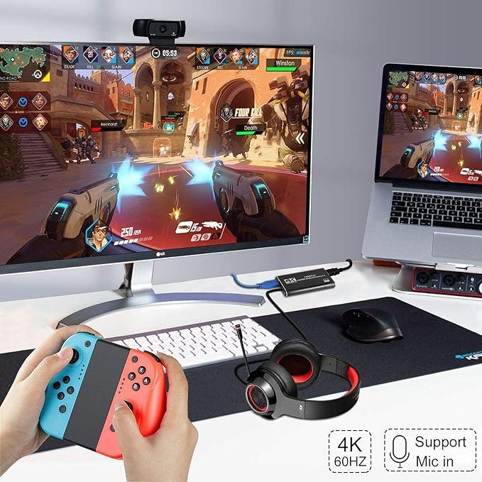 4K Video Game Capture Card for Nintendo Switch, PS4, and PC – HDMI to USB 3.0, 1080P 60FPS Streaming and Recording Accessories Connection