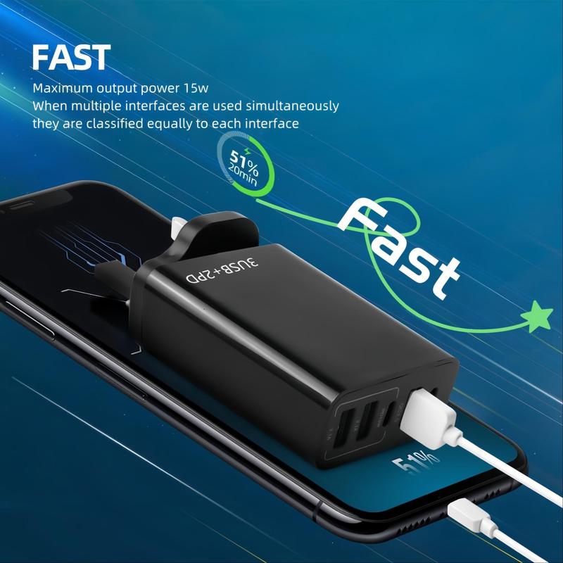 5 Port USB Wall Charger Adapter, 1 Count 2PD & 3USB Portable Charger for iPhone Android Cellphone, Multi-port Fast Charging Phone Charger for Mobile Devices, Electronic Phone Accessories