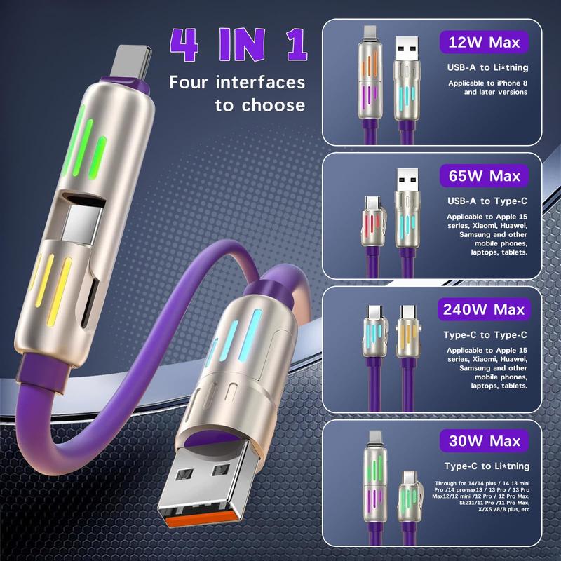 240W 4-in-1USB-C Cable with LEDDisplay,5ft Silicone USB C to USB CFast Charging Cable,8pin Multi-Function Type-C Cable Compatible withMobile Phones and Tablets,DurableUSB Charging Cord