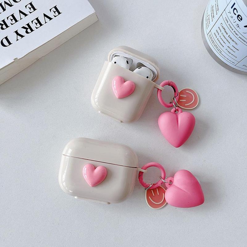 Cute 3D Heart Shaped Silicone Earphone Case with Keychain, 1 Count Creative Design Earphone Case for AirPods 1 2 Pro 3, Earphone Accessories for Women