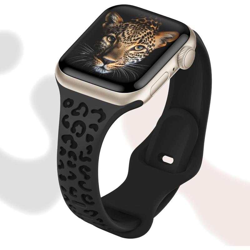 Trendy-4 Pack Slim Leopard Engraved Bands Compatible for Apple Watch Bands 41mm 40mm 38mm 45mm 44mm 42mm 49mm Women, Thin Soft Silicone Cheetah Sport Strap for iWatch Bands Series 9 8 7 6 5 4 3 2 1 Ultra SE Wearable Accessories Waterproof