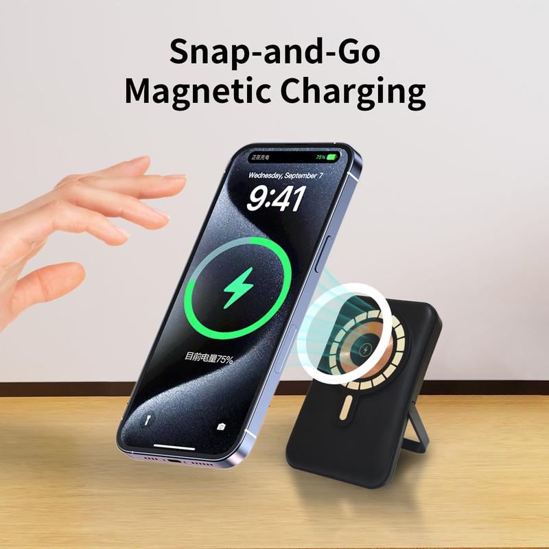 Magnetic  Wireless Portable Charger 10000mAh, with Built-in 3 Cables LED Display,Mag-Safe Battery Pack with Stand 22.5W PD Fast Charging for iPhone 15 14 13 12 Pro Mini Pro Max (Black) Android Devices