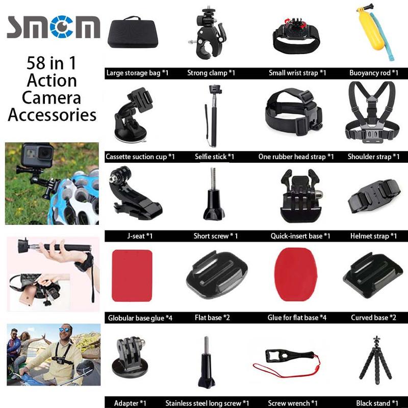 SMCM 58-in-1 Action Camera Accessories, 58pcs set Headband & Chest Strap & Wrist Strap & Selfie Stick & Car Stand & Buoyancy Stick & Other Accessories