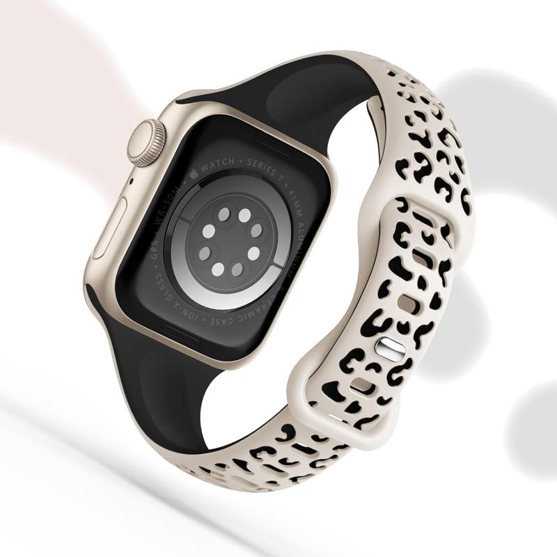 Trendy-4 Pack Slim Leopard Engraved Bands Compatible for Apple Watch Bands 41mm 40mm 38mm 45mm 44mm 42mm 49mm Women, Thin Soft Silicone Cheetah Sport Strap for iWatch Bands Series 9 8 7 6 5 4 3 2 1 Ultra SE Wearable Accessories Waterproof