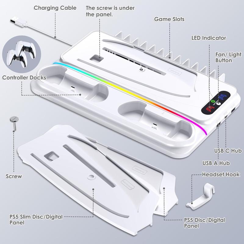 Ukor PS5 Cooling Station for PS5 PS5 Slim Disc Digital Console, PS5 Cooling Stand PS5 Slim Cooling Station with PS5 Controller Charger, 3 Level Fans, 12 Game Slots, RGB Lights