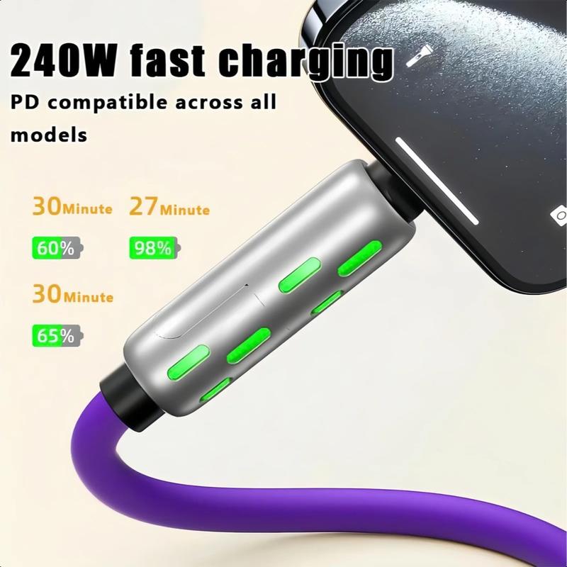 240w 4-in-1 USB C Cable,Multi Charger Cable with Breathing Light, PD 5A Multi Fast Charging & Data Sync Silicone Compatible for iPhone Samsung Laptop Multi Device Charging,(Gery) (Purple)