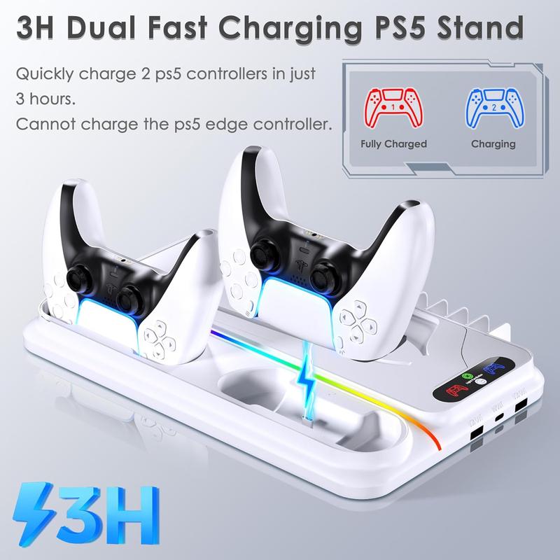 Ukor PS5 Cooling Station for PS5 PS5 Slim Disc Digital Console, PS5 Cooling Stand PS5 Slim Cooling Station with PS5 Controller Charger, 3 Level Fans, 12 Game Slots, RGB Lights