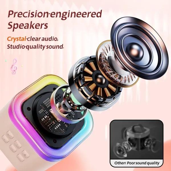 Hot-selling new portable mini karaoke speaker, equipped with 2 wireless microphones, a music toy with LED lights, a great choice for Christmas gifts.