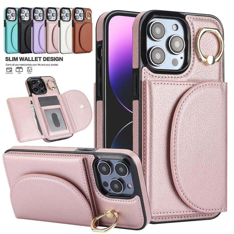 Leather Case for iPhone 16 15, Card Pocket&Ring Kickstand Durable Phone Cases for iPhone 16 15 Pro Max 14 13 12 11 Case,1 Count Card Holder Pocket Anti-fall Business PU Leather Mobile Phone Protective Case