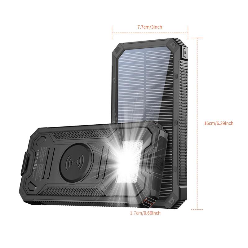 20000mAh Solar Wireless Charging Power Bank (1 Count), Built-in Solar Panel Power Bank, Waterproof with Bright Lighting Power Bank for iPhone Galaxy, Chargeable Smartphone Accessories