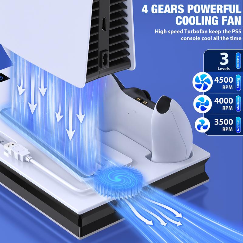 PS5 Stand and Cooling Station with Controller Charging Station for PS5 Slim PS5 PS5 Pro, PS5 Accessories Incl,3 Levels Cooling Fan, 3 USB Hub, Headset Holder, Media Slot for PS5 Slim&PS5 Disc Digital Console