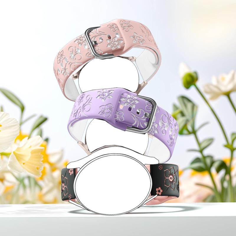 Flower Pattern Watch Band (Band Only), 2 Counts Soft Silicone Sport Band for Women, Replacement Watch Band for Galaxy Watch 7 6 5 4 40mm 44mm, Galaxy Watch FE 6 4 Classic 5 Pro Watch 3 41mm Active 2