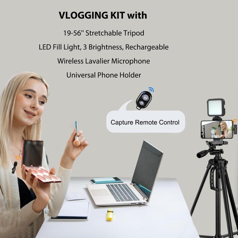 Portable Vlog Video Shooting Kit, 56 Inch Phone Camera Tripod Set for Fall, Video Record Toolkit with Tripod, LED Light, Wireless Microphone, Phone Clip, Selfie Control, Stocking Fillers Gift