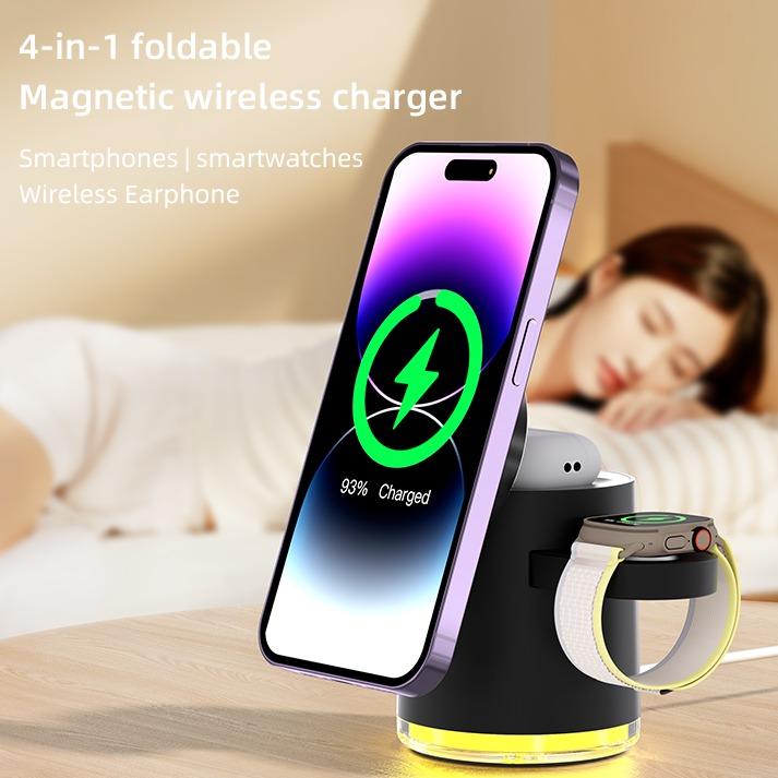 4 in 1 Charging Station for Apple, Wireless Magnetic Charger Station for iPhone, Fast Wireless Charger Travel Dock Adapter&Light for iPhone 16 15 14 13 12,for iWatch & AirPods.