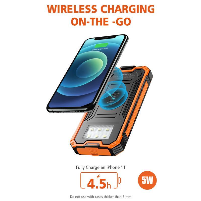 20000mAh Solar Wireless Charging Power Bank (1 Count), Built-in Solar Panel Power Bank, Waterproof with Bright Lighting Power Bank for iPhone Galaxy, Chargeable Smartphone Accessories