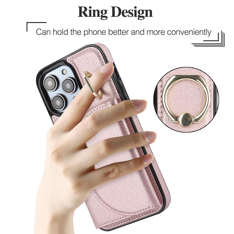 Leather Case for iPhone 16 15, Card Pocket&Ring Kickstand Durable Phone Cases for iPhone 16 15 Pro Max 14 13 12 11 Case,1 Count Card Holder Pocket Anti-fall Business PU Leather Mobile Phone Protective Case