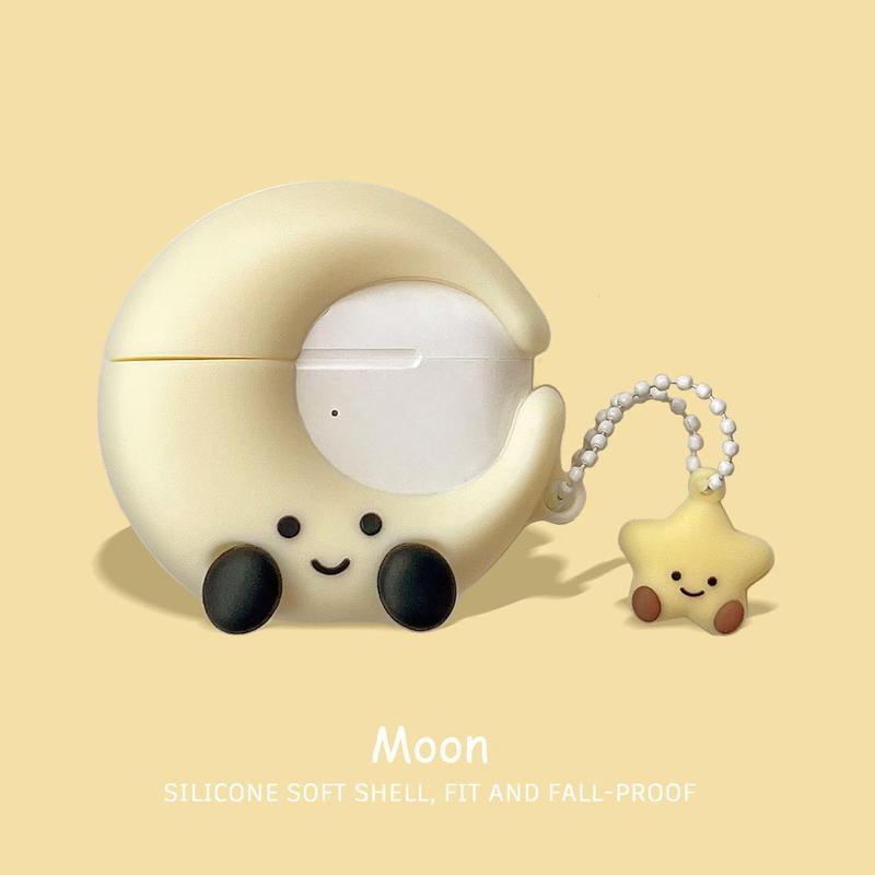 Cute Cartoon Moon Design Silicone Earphone Case with Star Stylish Keychain, 1 Count Decorative Earphone Protector Cover for AirPods 1 2 3 4 Pro2 Pro