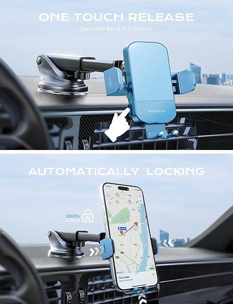 CHGeek Wireless Car Charger, 15W Fast Charging Auto-Clamping Cellphone Car Adapter Mount for iPhone 16 15 14 13, Smartphone Electronic Phone Holder