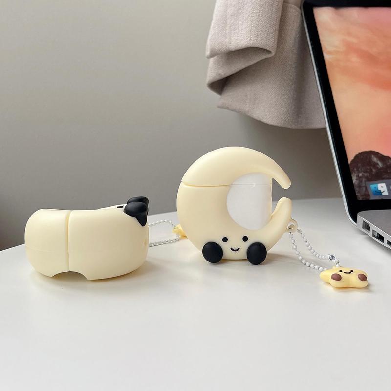 Cute Cartoon Moon Design Silicone Earphone Case with Star Stylish Keychain, 1 Count Decorative Earphone Protector Cover for AirPods 1 2 3 4 Pro2 Pro