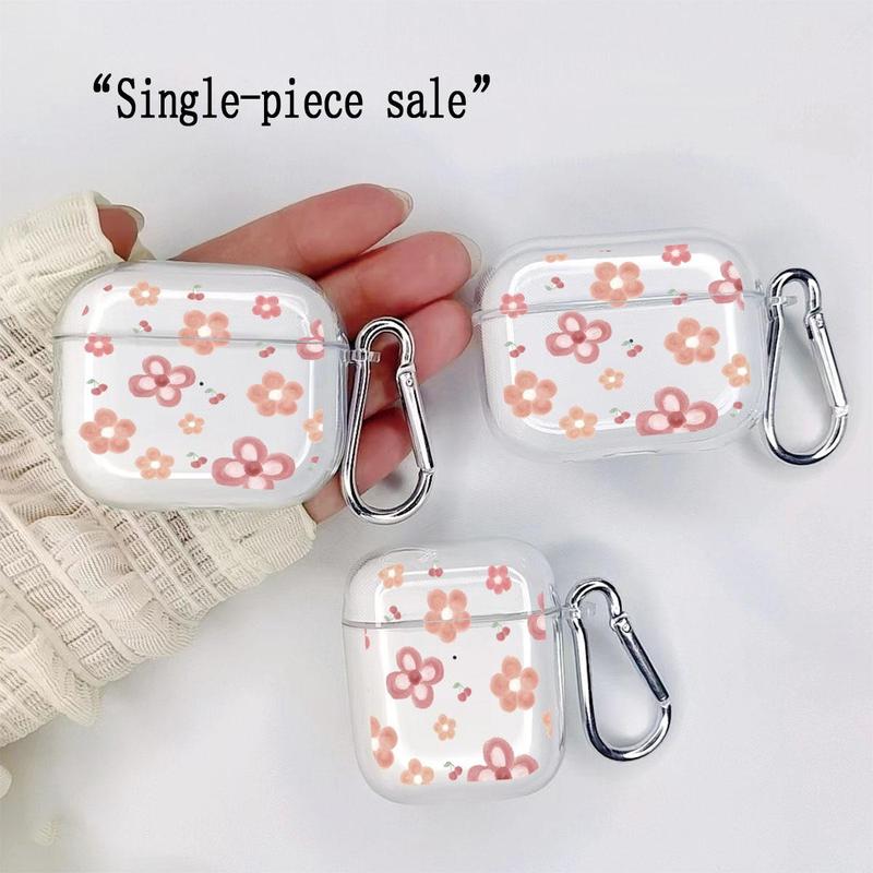 Portable Flower Pattern Earphone Case Compatible With AirPods, 1 Count Fashionable Anti-fall Earphone Protector Cover With Carabiner, Trendy Earphone Accessories