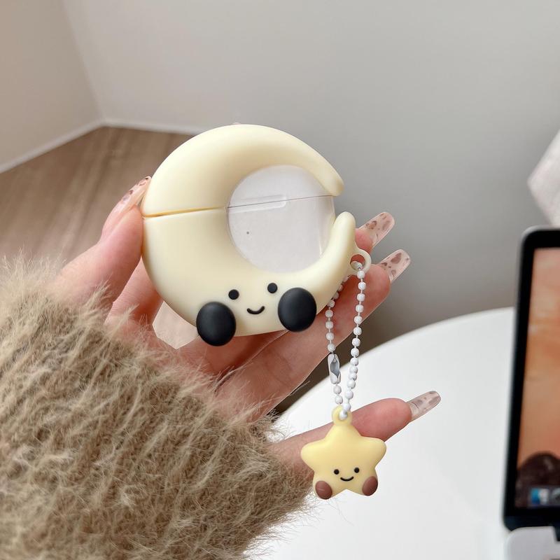 Cute Cartoon Moon Design Silicone Earphone Case with Star Stylish Keychain, 1 Count Decorative Earphone Protector Cover for AirPods 1 2 3 4 Pro2 Pro