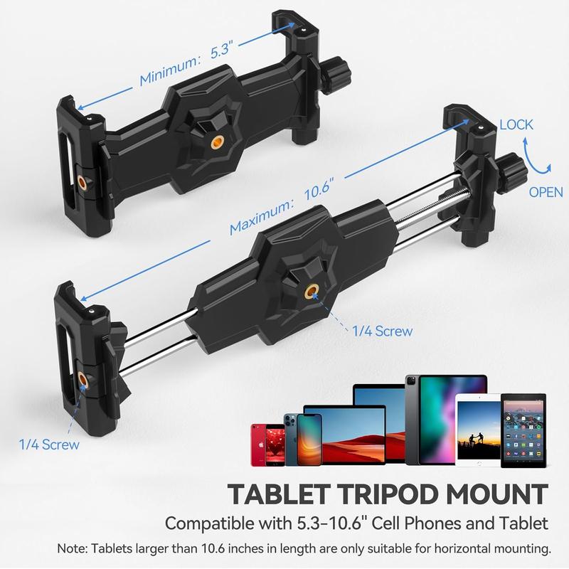 iPad and Phone Tripod Mount Adapter with Ball Head, iPad Holder for Tripod, 360 Rotatable Tablet Clamp Mount fits iPad Pro 12.9, iPad Air Mini 3 4, Galaxy Tab, Surface Pro, Selfie Stick(5.3-10.6