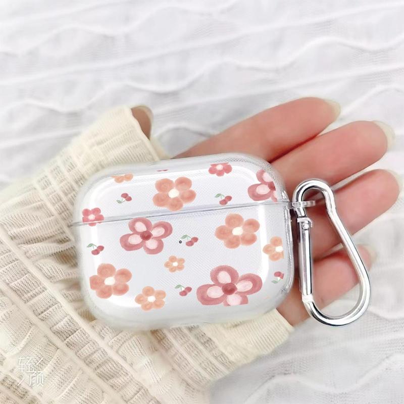 Portable Flower Pattern Earphone Case Compatible With AirPods, 1 Count Fashionable Anti-fall Earphone Protector Cover With Carabiner, Trendy Earphone Accessories