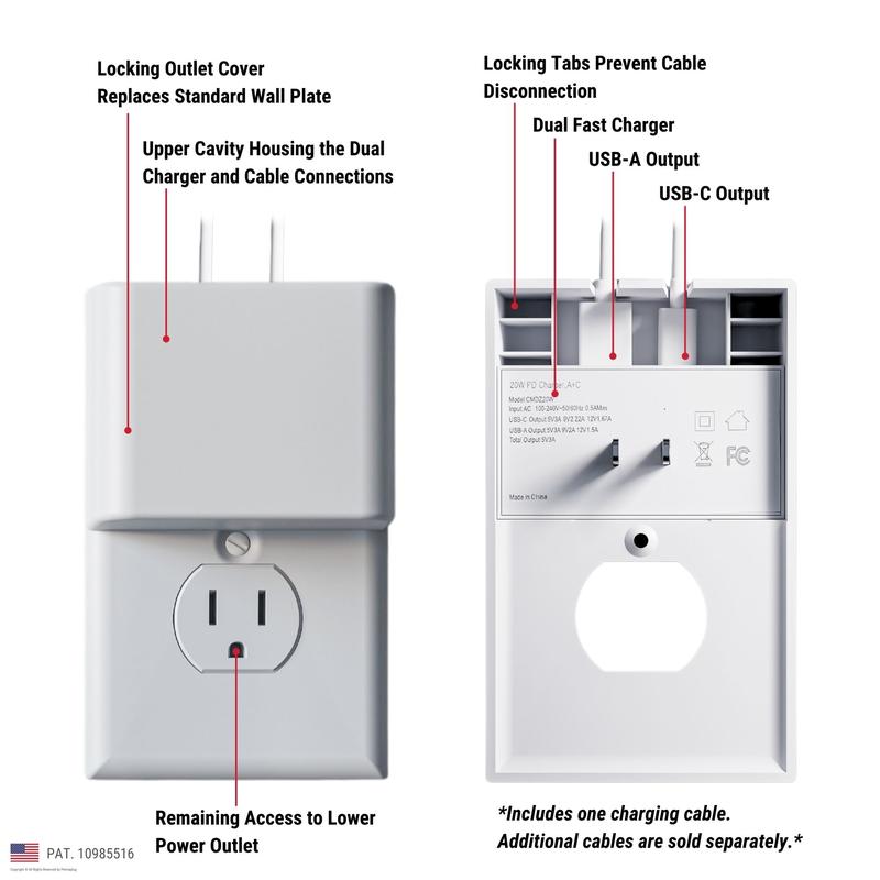 Permaplug Charger Lock: Anti-Theft & Tug-Proof Phone Charger Lock, Patented Protection Design for iPhone, Android, Tablets, Smartphones, Mobile Electronic Devices- Includes Locking Cover, Dual Fast Charger & Usb Charging Cable (Standard Outlets)