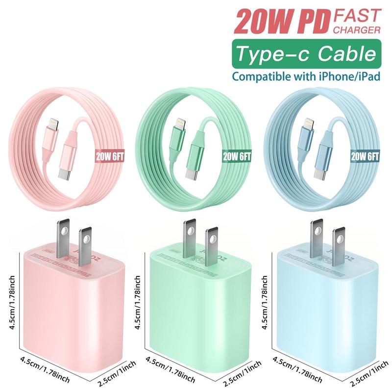 20W PD Wall Charger & 20W 6FT Fast Charging Cable Set for Summer, 3 Sets Type-C Wall Charger with Cable for iPhone 14 13 12 Pro Max 12Mini 11 Pro XR, Portable Charger for iPhone, Phone Accessories, Smartphone Charger Cable, Stocking Fillers Gift