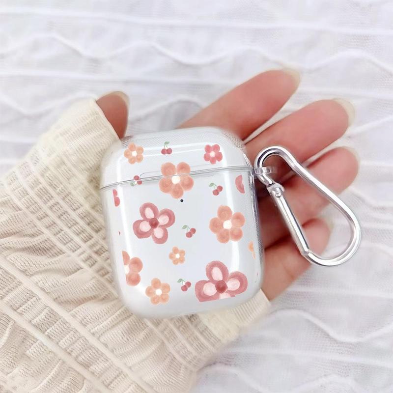 Portable Flower Pattern Earphone Case Compatible With AirPods, 1 Count Fashionable Anti-fall Earphone Protector Cover With Carabiner, Trendy Earphone Accessories