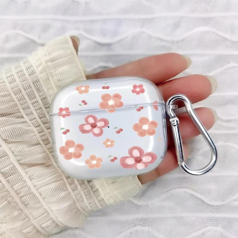 Portable Flower Pattern Earphone Case Compatible With AirPods, 1 Count Fashionable Anti-fall Earphone Protector Cover With Carabiner, Trendy Earphone Accessories