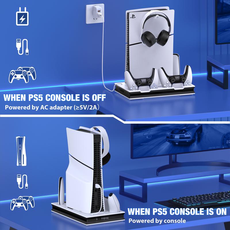 PS5 Stand and Cooling Station with Controller Charging Station for PS5 Slim PS5 PS5 Pro, PS5 Accessories Incl,3 Levels Cooling Fan, 3 USB Hub, Headset Holder, Media Slot for PS5 Slim&PS5 Disc Digital Console