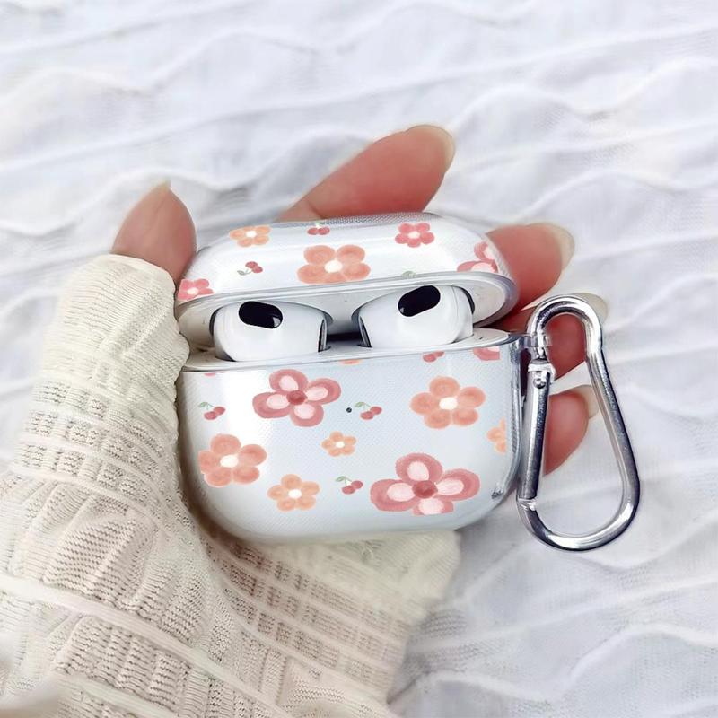 Portable Flower Pattern Earphone Case Compatible With AirPods, 1 Count Fashionable Anti-fall Earphone Protector Cover With Carabiner, Trendy Earphone Accessories