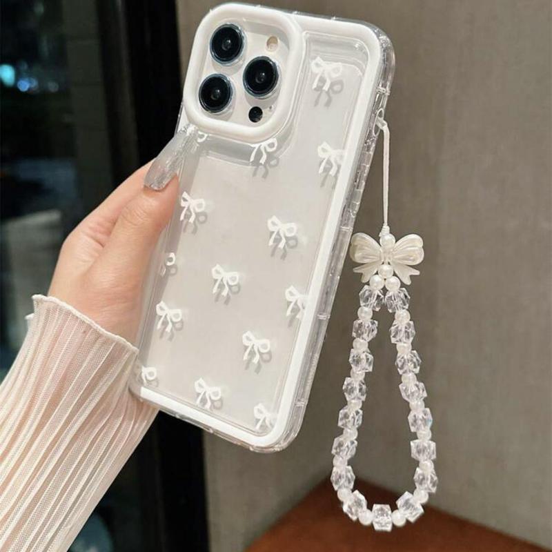 Bowknot Pattern Phone Case with Beaded Lanyard, 1 Count Anti-fall Decorative Phone Protector Cover, Phone Accessories Compatible with iPhone 11 12 13 14 15 Pro Max