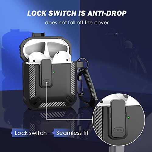 AirPod 2nd Generation Case Cover with Cleaner Kit, Military Hard Shell Protective Armor with Lock for AirPod Gen 1&2 Charging Case, Front LED Visible,Black