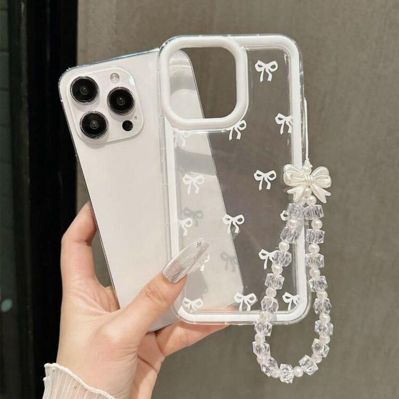 Bowknot Pattern Phone Case with Beaded Lanyard, 1 Count Anti-fall Decorative Phone Protector Cover, Phone Accessories Compatible with iPhone 11 12 13 14 15 Pro Max