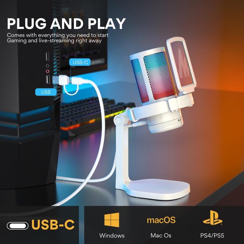 MAONO USB Plug Gaming, Streaming RGB Tiktok Audio Microphone Gear Mount with Muted Mic, Noise Reduction, Adapter Cable for PC use, Android Smartphones