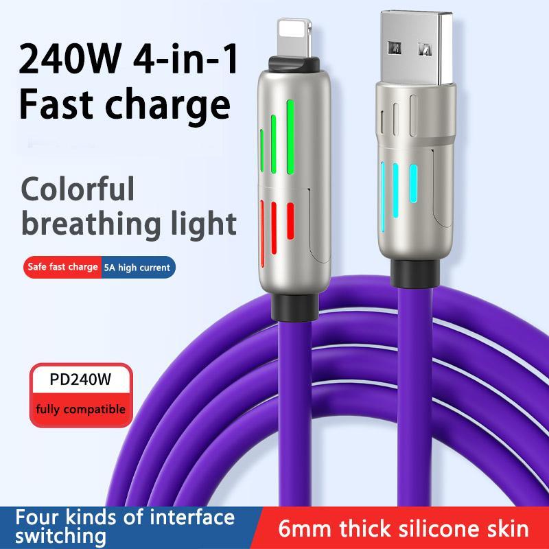 240W 4 in 1 USB Type C Silicone Data Cable, Type-C to USB A Super Fast Charging Cable for Lightning, Data Cable for iPhone Huawei Samsung Xiaomi