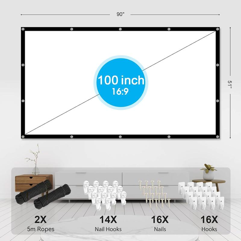 100 inch Projection Screens, Double Sided Washable Outdoor Projection Screen, 16:9 Foldable Anti-Crease Portable Projector Movies Screens for Camping Party, Home Theater, Office